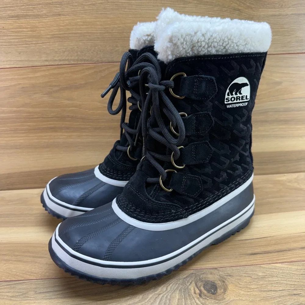 Sorel Joan Of Arctic Snow Boots Womens 6 Black Suede Houndstooth Faux Sherpa
